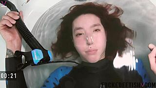 Skinny spandex girl dives slow underwater pool experience intense