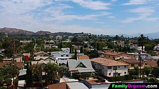 The milf corners son's girlfriend in garage trains her cowgirl riding then bangs all together