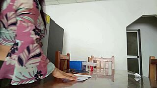 Maintenance Man Inspects Fridge as Horny Latina Housewife Exposes Vagina on Desk