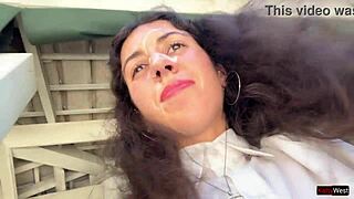 Friend Blasts Cum on Face Cafe Cumwalk Eating Sperm