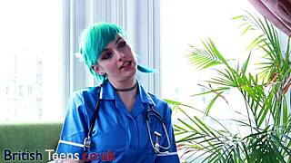 hey blue-haired nurse, your big natural tits and ass in nylons make my cock throb during checkup