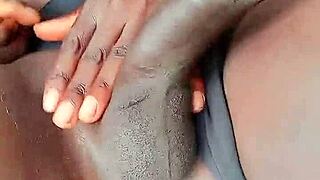 sexyjayla254 strokes her huge oiled ebony shemale cock outdoors teasing every inch solo