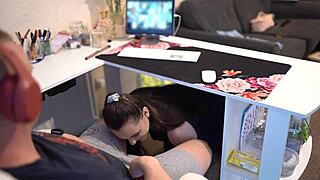 while on zoom naughty secretary drops to knees sucking boss cock cumshot