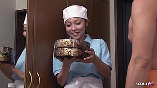 small japanese room service teen with tight pussy seduces old client into food fetish hotel fuck