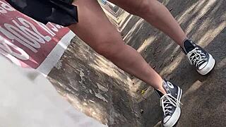 naughty latina teen in pigtails flashes skirt no panties on public bus