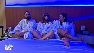 casting milf with big clit and hairy pussy gets fucked doggystyle creampie by couple