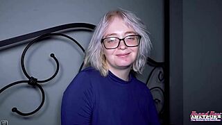 silver blonde coed annie archer slurps cock then takes it deep in shaved wet pussy