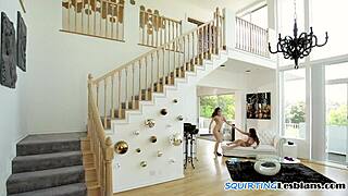 Erotic COUPLE's close-up STRAPON fuck drives LESBIAN babe to explosive SQUIRTING climax