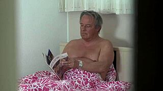 dude, this naughty young babe in lingerie and stockings is riding her step grandpa cowgirl style right on the bed, blowing him too!