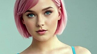 Exhibitionist Mia Pink AI girlfriend flashes big tits in bedroom