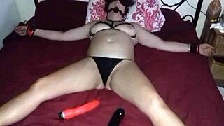 Blindfolded british redhead milf tied spread on bed ring gagged for stranger