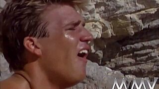 Naughty retro babes suck cock and fuck hard outdoors facial