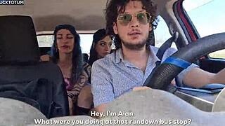 Stranded Lesbian Hitchhikers Share My Cock for a Wild Outdoor Ride with Double Blowjobs and Standing Fucks under English Subtitles