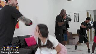 hot boxer hannah jones bends for coach's big black cock and friends' rough dap after workout