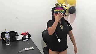 new horny latina secretary milf moans whorishly testing boyfriend's anal plug at work