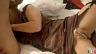 french slut tight brown satin dress beige tanga stockings high heels pussy licking blowjob rimming doggy