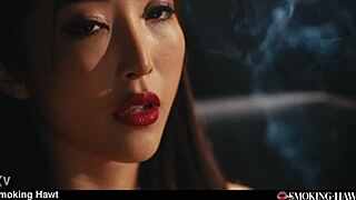 Leather-clad Emiri smokes while riding cock to explosive cumshots
