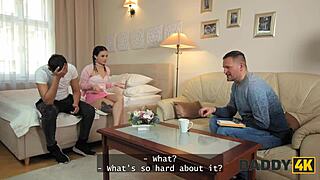 his daddy taught his son's girlfriend how to fuck like a french slut on the sofa