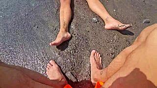 voyeur couple chats horny on beach while flashing milf tits to passersby
