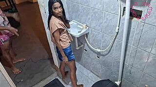 Petite Latina Slut Anal Fuck in Bathroom While Friend Waits Outside