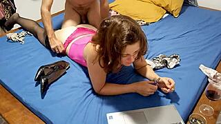 white slut in satin panties pink corset takes pov doggy fuck blowjob rimjob