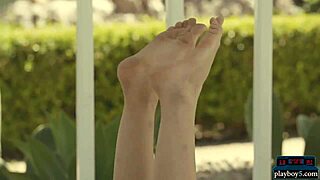 European blonde model teases with perky big tits in slow striptease undress