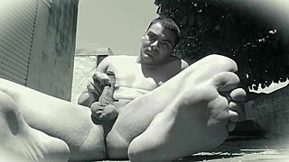 Salsa dancer jerks muscular cock outdoor ass closeup