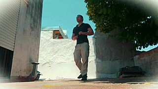 Salsa dancer jerks muscular cock outdoor ass closeup