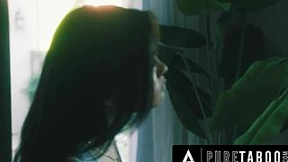 Petite voyeur Lulu Chu caught stroking hairy pussy peeking at dilf neighbor!