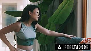 Petite voyeur Lulu Chu caught stroking hairy pussy peeking at dilf neighbor!