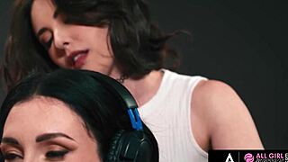 sexy gamer ditches stream for oiled pussy licking and scissoring with roommate