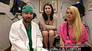 mina moon in nurse latex gloves spreads shaved pussy wide backstage sucking patient cock then fucked doggystyle missionary closeup