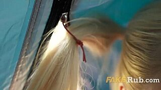 Blonde pigtails slut fucks stuck-mon deep in wild forest!