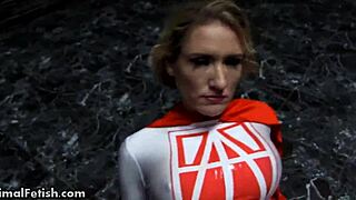 Bound Superheroine Milf Fucked to Orgasm by Machine Cock