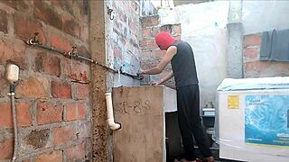 Neighbor's nightgown hides nothing her pink pussy shows when she bends over