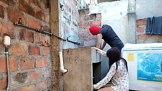 Neighbor's nightgown hides nothing her pink pussy shows when she bends over