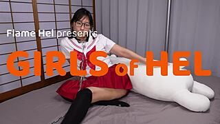 chained up asian student gets rough playtime with huge cock leading to multiple orgasms