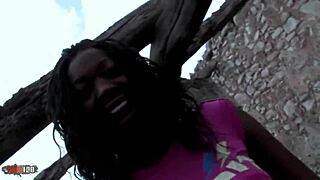 amazing big tits ebony tyra lewis rides bbc for outdoor anal creampie