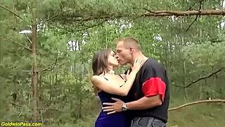 Fucked cute european teen stepsis with big natural tits bent over in forest riding monster cock outdoors