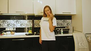 Hey sexy blonde with huge tits stuffs egg into wet pussy for food fetish fun