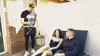 Skinny blonde Mary Rock takes big black cock from boyfriend and waiter in wild threesome