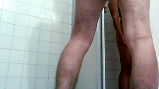 Real couple showers in bathroom with wet homemade cowgirl riding