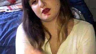 Lipstick teen blowjob handjob builds to rough cumshot on big tits POV