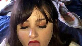 Lipstick teen blowjob handjob builds to rough cumshot on big tits POV