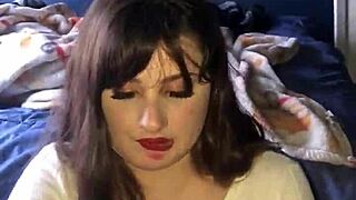 Lipstick teen blowjob handjob builds to rough cumshot on big tits POV