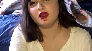 Lipstick teen blowjob handjob builds to rough cumshot on big tits POV