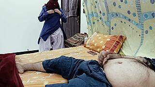 Desi schoolgirl spies stepdad stroking then joins for private fun time