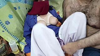 Desi schoolgirl spies stepdad stroking then joins for private fun time