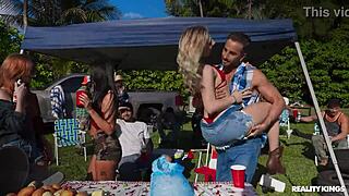 wanna see this muscular blonde bodybuilder get her hairy pussy licked outdoors at the party?