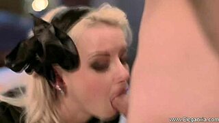 Blonde fellucia drops to knees for sloppy facial swallow blowjob action